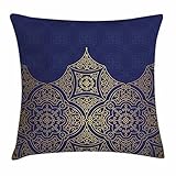 Lunarable Navy Blue and Yellow Throw Pillow Cushion Cover, Middle Eastern Style Ornament Ottoman...