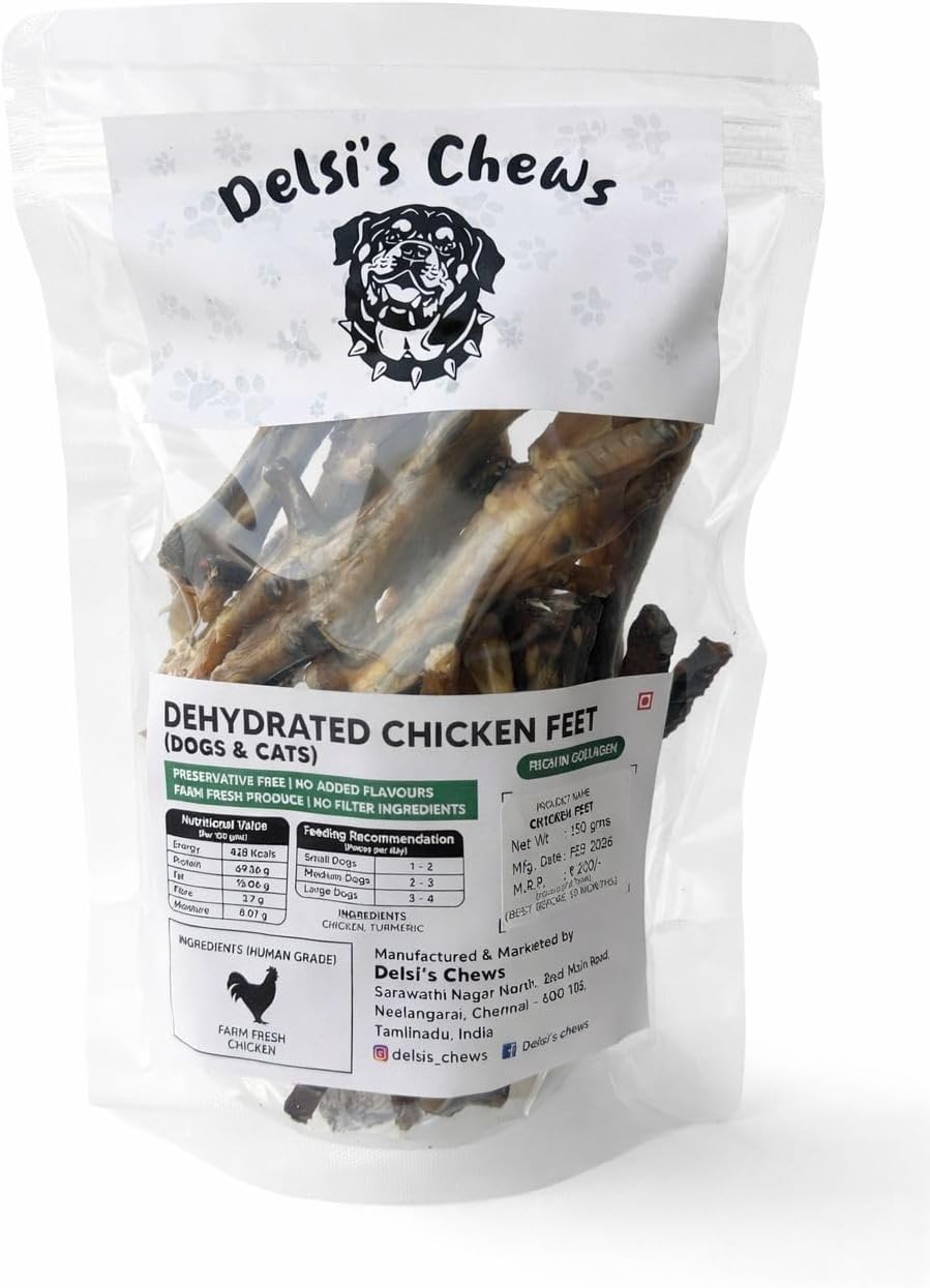 Delsi Chews Natural Chews Dehydrated Chicken Feet Dog Treats-150gm Gram, Adult, Dried