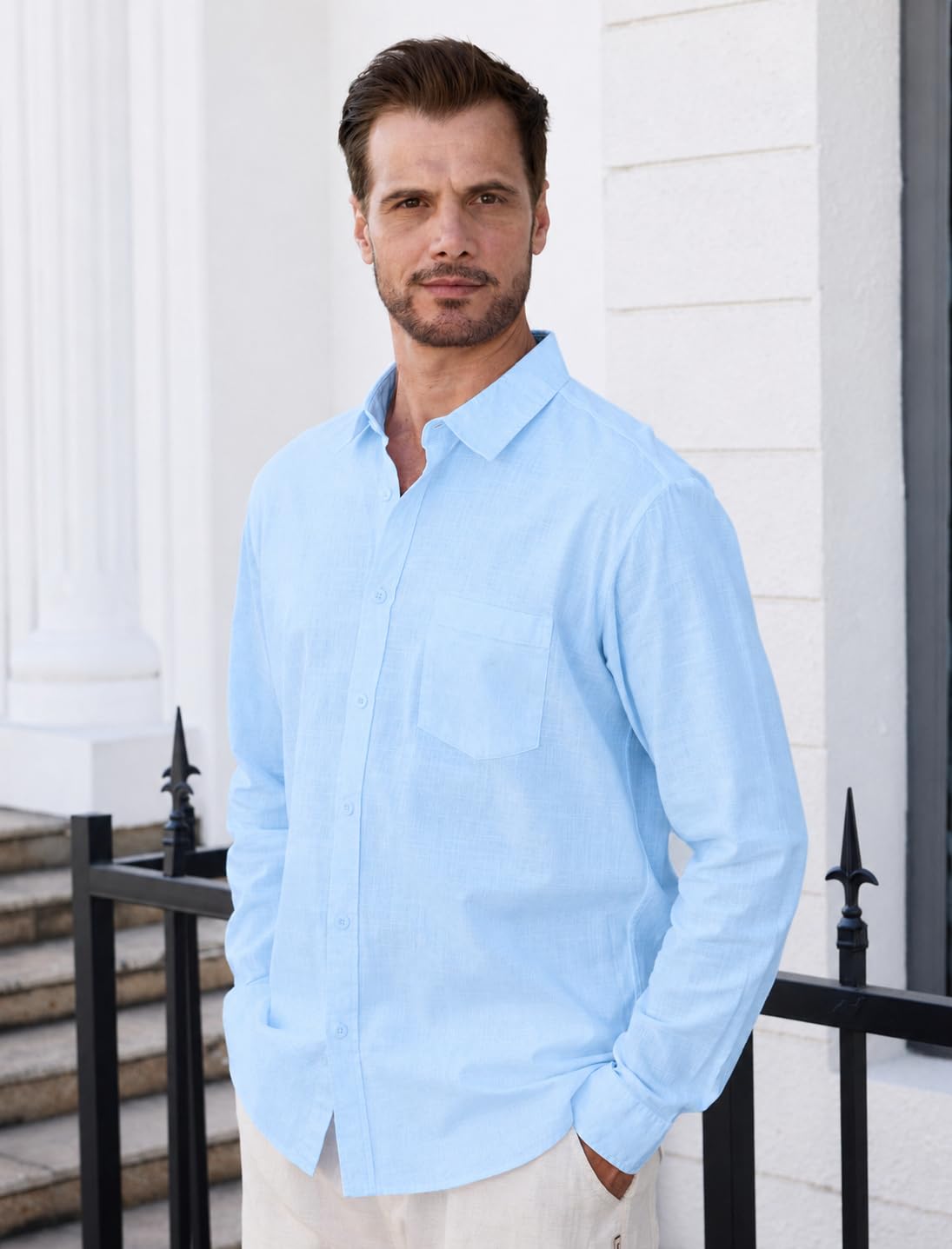 Camisa para Hombre de Manga Larga, en Algodón-Lino, con Bolsillo, Corte Estándar, Estilo Casual, Camisa de Playa de Verano