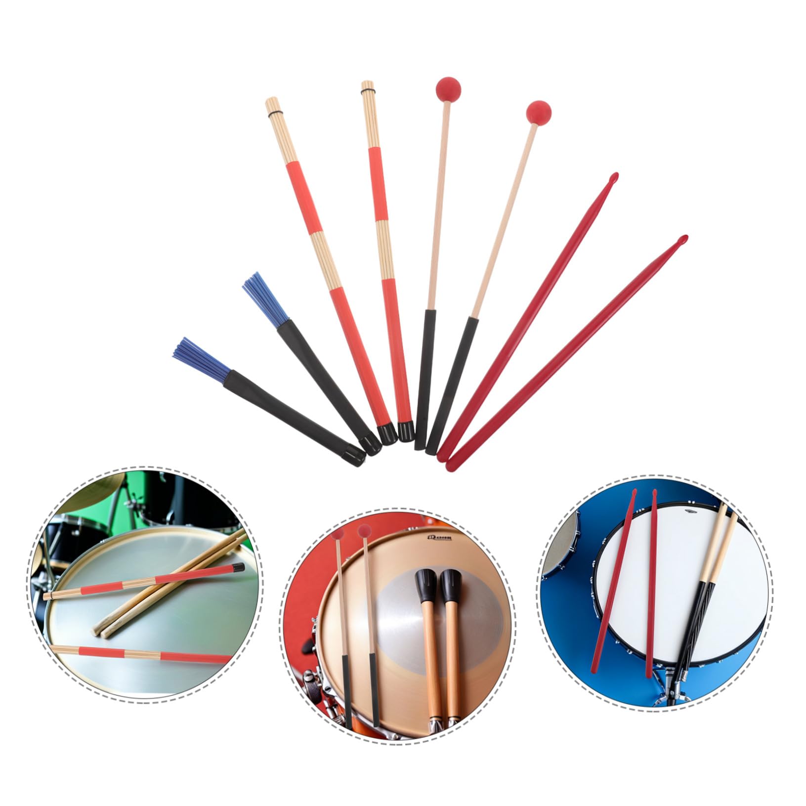 Beaupretty Juego de Baquetas para Batería 8 Piezas con Funda Negra, Mazos Antideslizantes Rojos, Escobillas de Nylon Azul y Cepillos de Madera Rojos, Accesorios Profesionales para Percusión