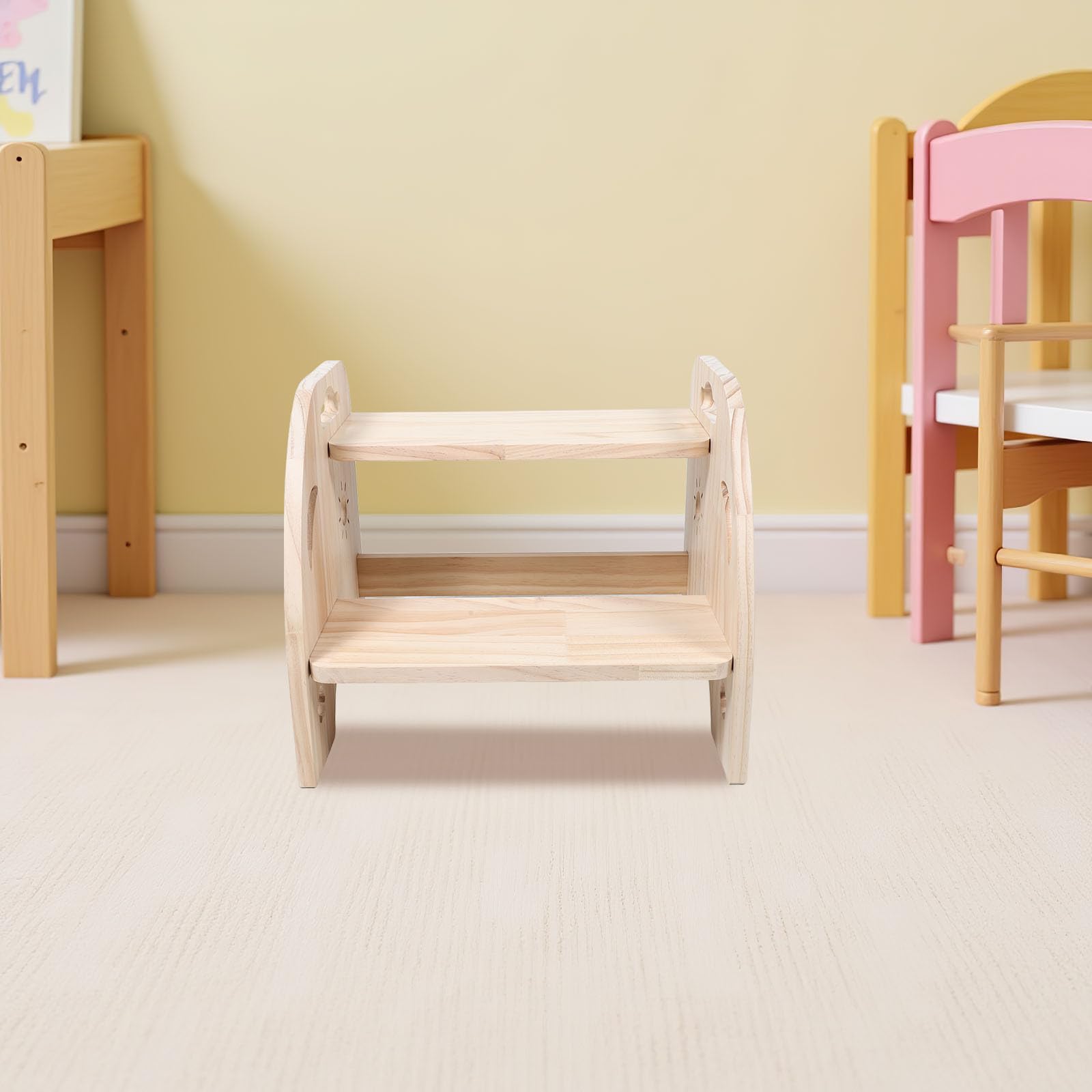 CLISPEED Holz Beige mit 2 Stufen Tritthocker und Rutschfesten Oberflächen Seitliche Griffe und Abgerundete Kanten für Badezimmer und Räume