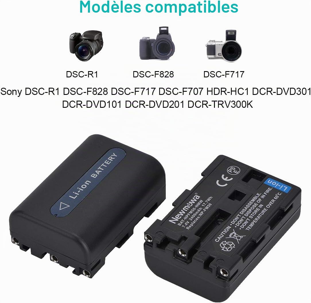 Newmowa NP-FM50 Remplacement Batterie (2 accus) et Chargeur USB Portable Kit pour Sony NP-FM30,NP-FM51,NP-QM50,NP-QM51,CCD-TRV128,CCD-TR108,CCD-TR208,CCD-TR408,CCD-TR748,CCD-TRV106,CCD-TRV107