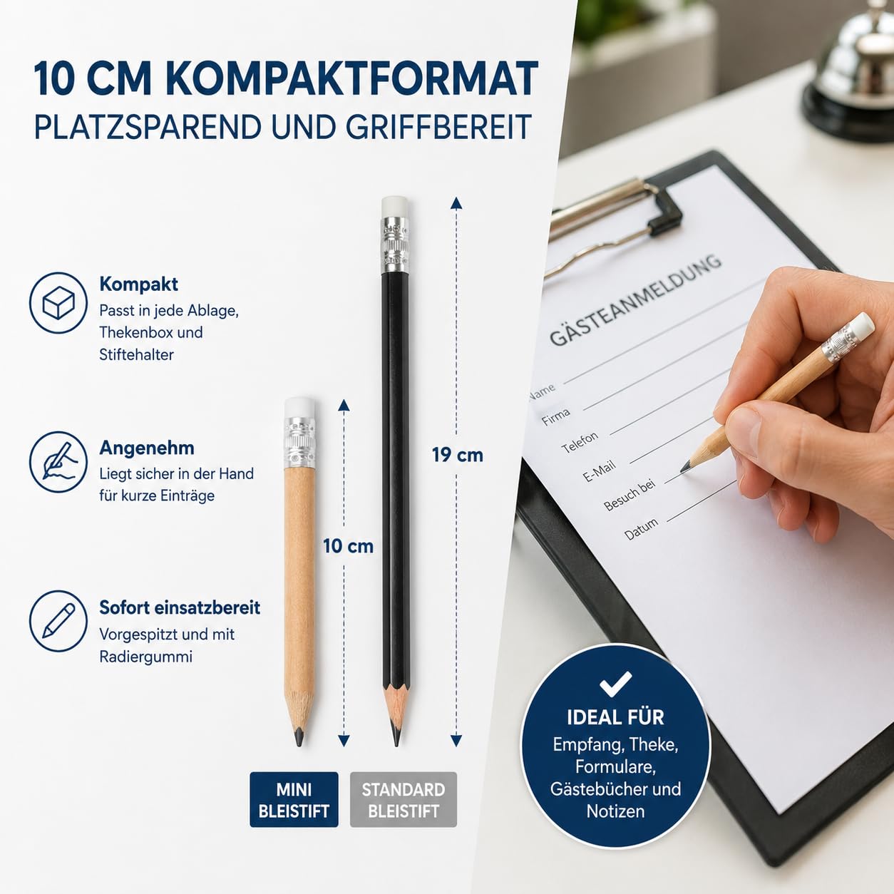 WPRO Mini Bleistift mit Radiergummi 2000 Stück, 10 cm natur, vorgespitzt | Kurzer Holzstift für Empfang, Gastronomie, Event und Büro