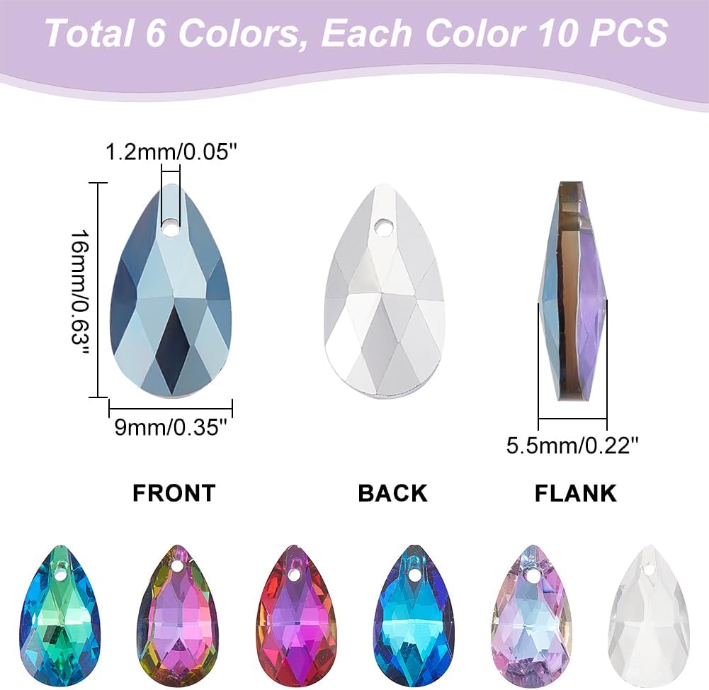 AHANDMAKER 60 Pcs Faceted Teardrop Glass Beads, 6 Colors Crystal Grid Teardrops AB Color Waterdrop Top Drilled Hanging Chandelier Dangle Pendants for DIY Jewelry Craft Making Home Decoration - Image 2