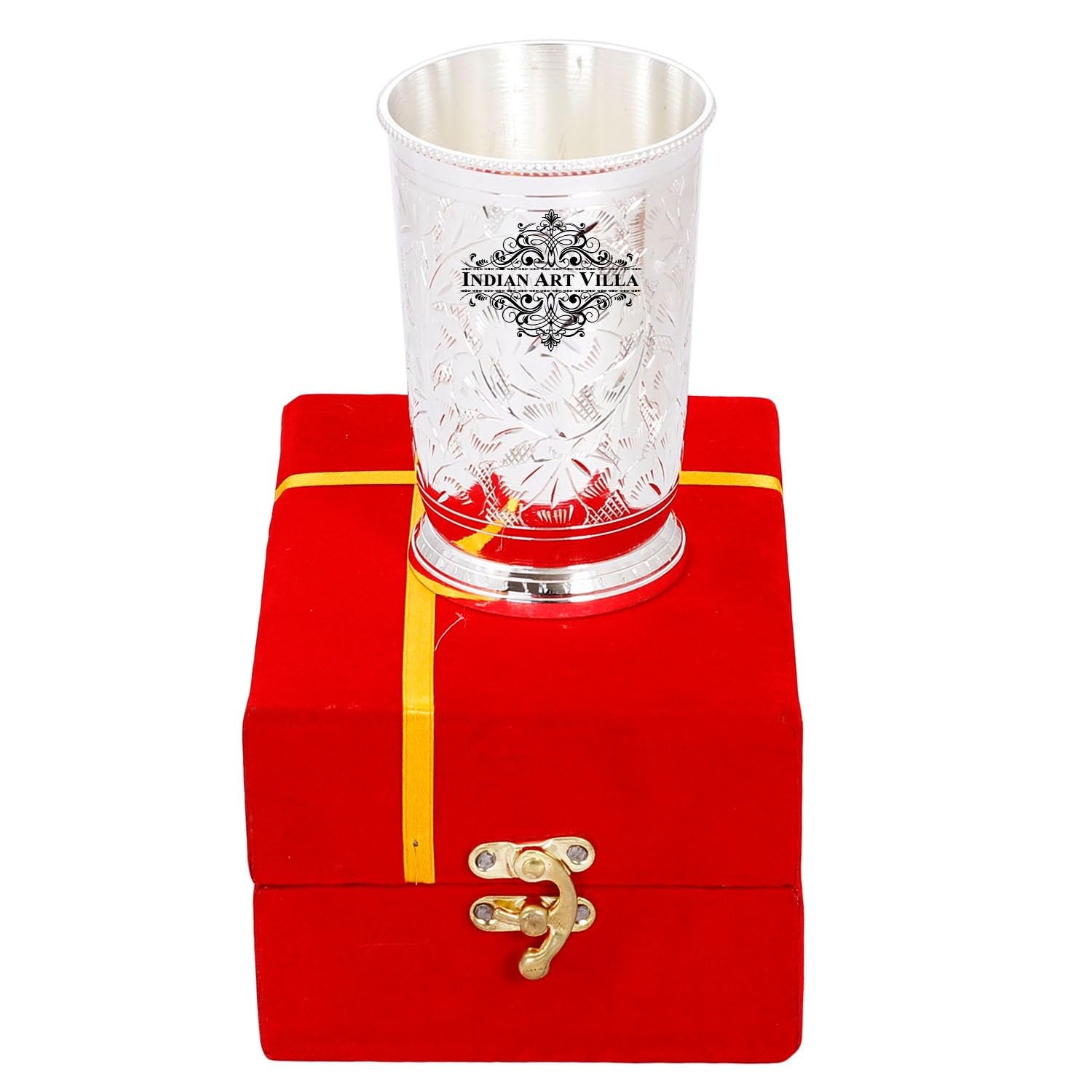 Indian Art Villa Silver Plated Engraved Flower Design Glass Tumbler With Red Box, Best For Parties, Drinkware Storage & Gift Purpose, 9 Oz
