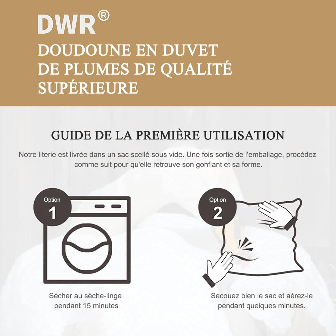 DWR Couette 4 Saisons 240x260 cm,Remplissage Duvet et Plumes d'oie,300GSM,Chaude et Respirante,Moyenne pour Toutes Les Saisons,100% Coton Biologique, Certifié Oeko-Tex et RDS,lit 2 Personne