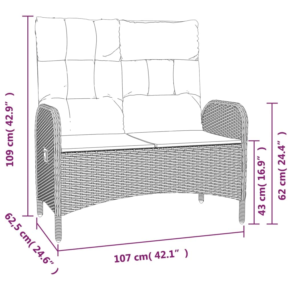 vidaXL Gartenbank, Sitzbank mit Liegefunktion Kissen, Parkbank Verstellbare Rückenlehne Stahlrahmen, Gartenmöbel Bank, 107cm Poly Rattan Grau