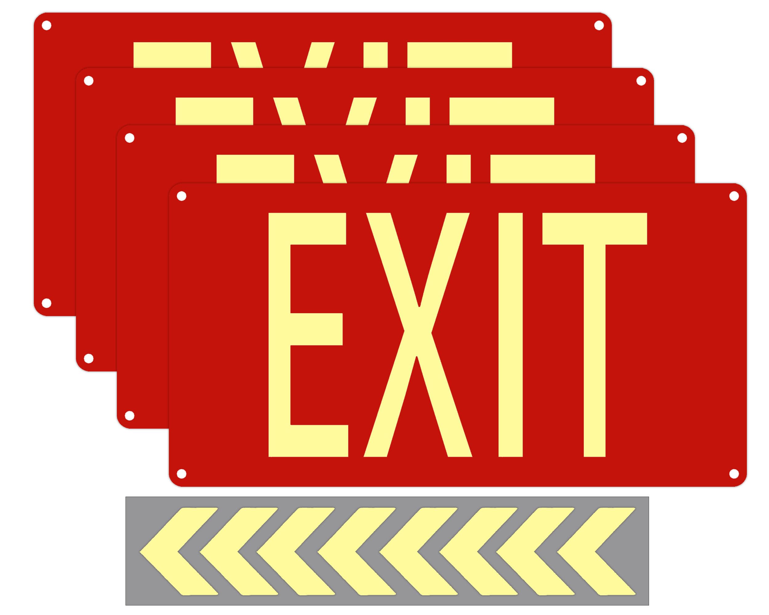 (4 Pack) Photoluminescent Exit Sign Aluminum - Adhesive Backing - Glow In The Dark Exit Sign - Removable Arrows Included - 14.25x7.5 Inches - Non