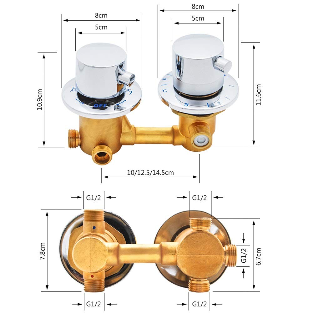 Grifo Ducha Termostatico, grifo de agua fría y caliente de rosca de 2/3/4 vías, válvula de desvío expuesta doble para baño, grifo de termostatico de latón montado en la pared ( Size : 4 out 10cm )