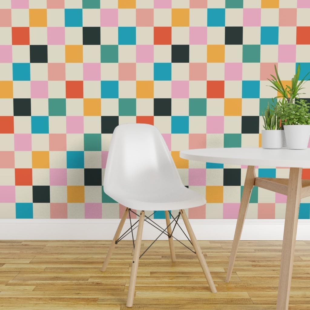 Spoonflower Removable Wallpaper Swatch - Retro Checkerboard Pink Orange Modern Multicolor Checker Custom Pre-Pasted Wallpaper