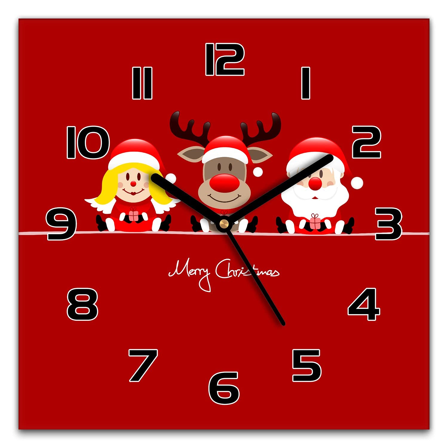 Horloge murale Noël 30x30 cm en verre silencieuse Rudolf Santa Claus moderne salon