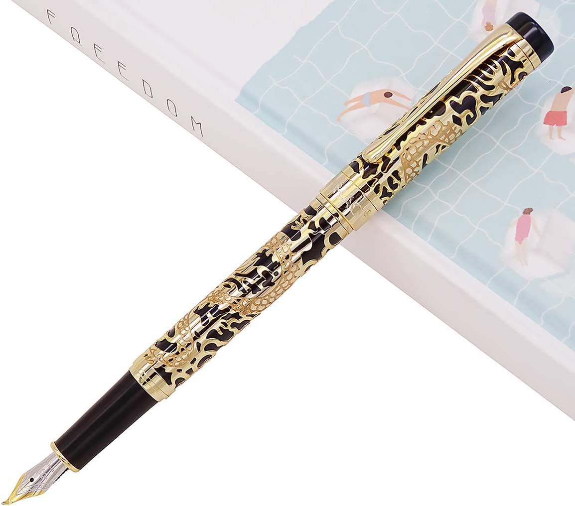 Jinhao 5000 Century Fountain Pen Bent Nib, Black Fude Pen Dragon Embossed with Pen Pouch Set