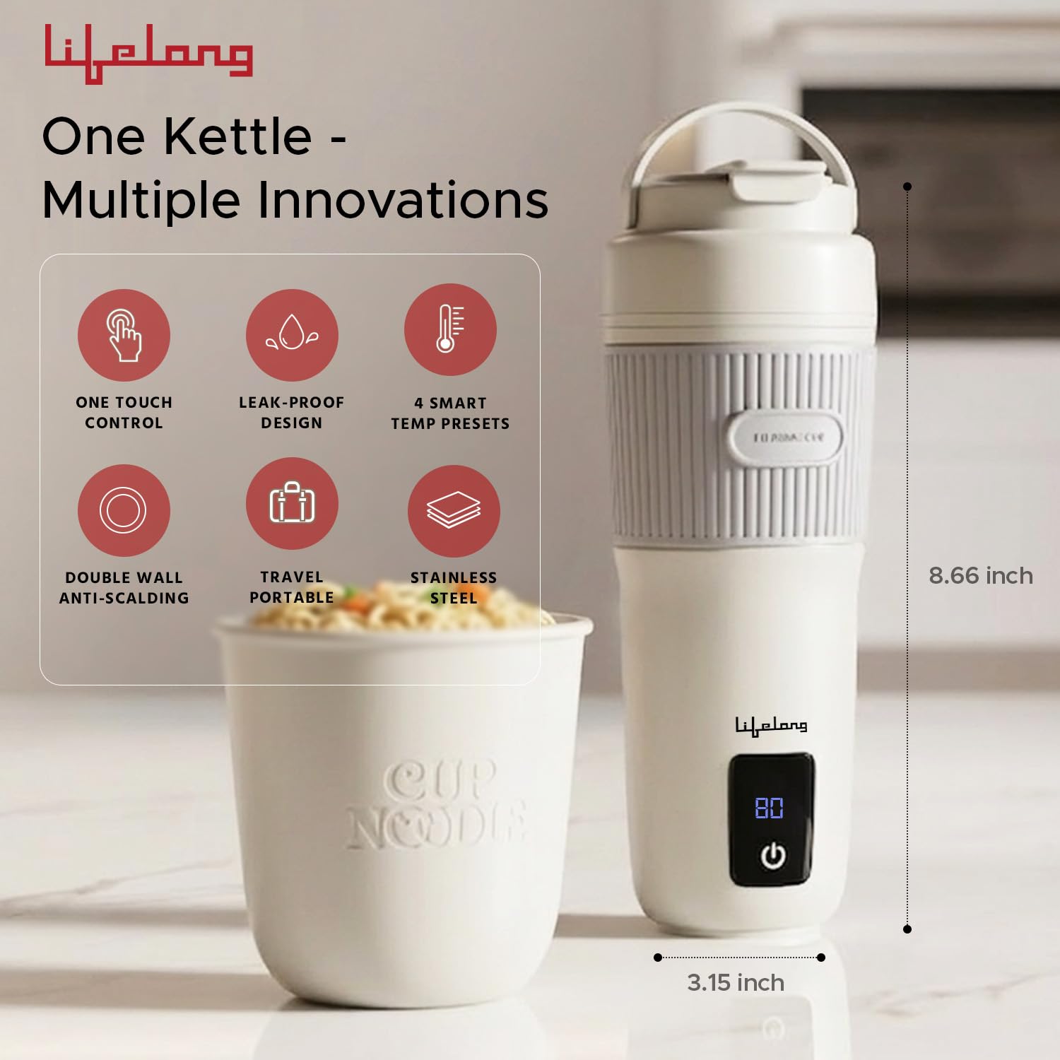 Lifelong 2 in1 Portable Electric Kettle & Bottle for Travel 400ml |Wide Voltage-for Homes(220v) & Indian Trains(110v)| Quick Boil |4 Temp |Digital Touch Ctrl |Cool Touch |Make Tea/Coffee Without Milk