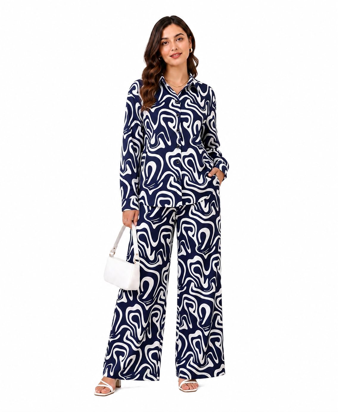 SERENAIRE Coastal Flow Co-Ord Set for Women | Abstract Printed Loose Fit Shirt & Wide Leg Pants with Pocket | Viscose Rayon Two Piece Outfit | Casual Wear-image-8