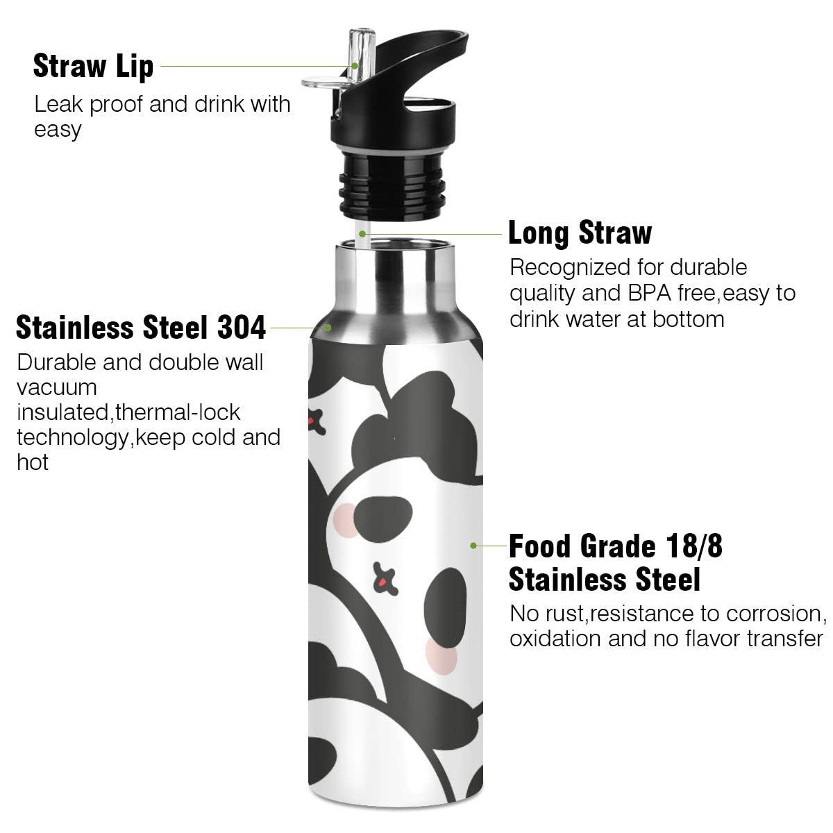 Edelstahl Wasserflasche mit Strohhalm, schöne Kawaii Panda isolierte Trinkflasche Sport Wasserflasche für Kinder Erwachsene, auslaufsicher, 1L