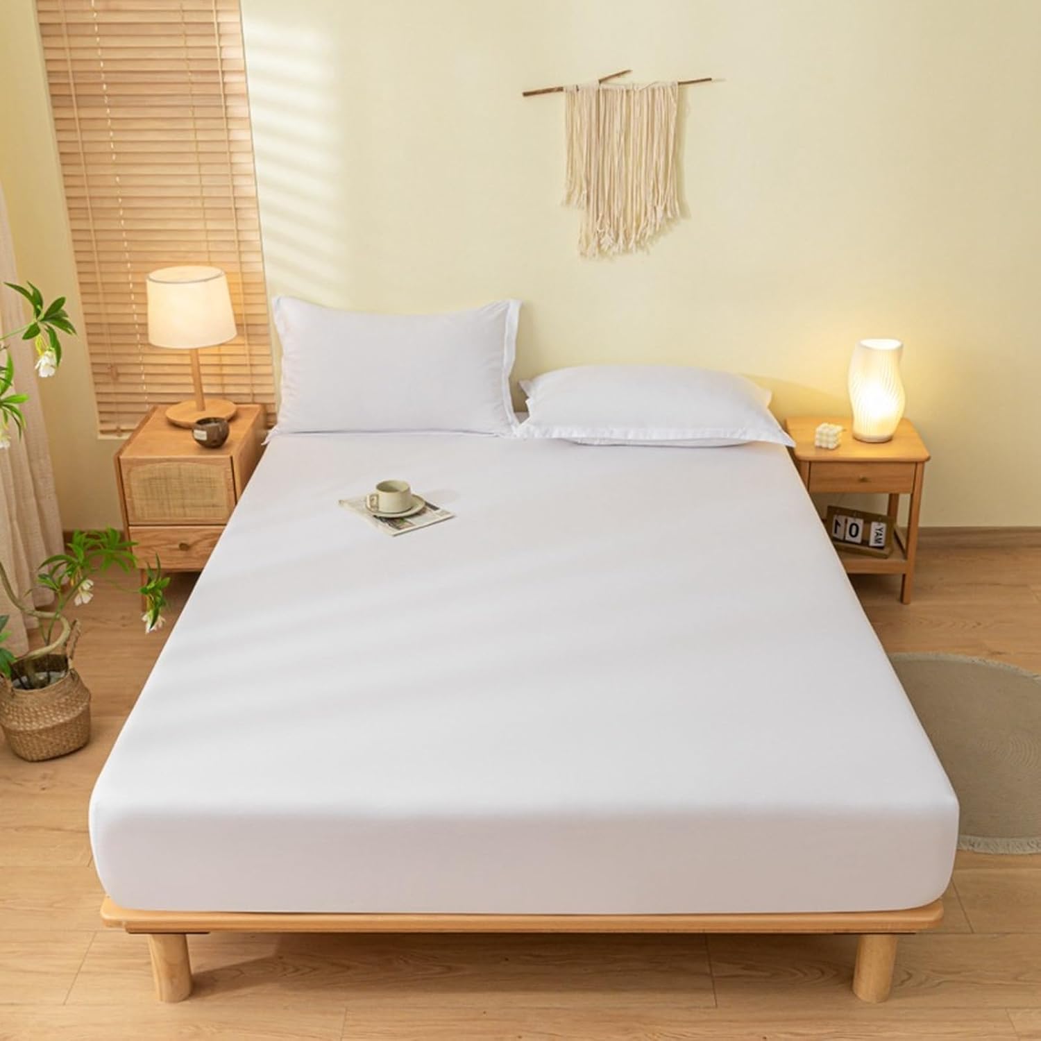 JIALIANG Fitted Sheet 180 x 200 cm + 25 cm White Bed Sheet Extra Deep