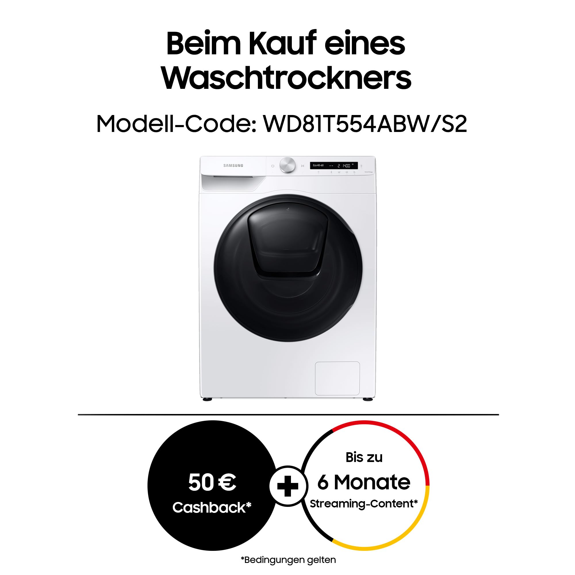 Samsung WD81T554ABW/S2 - Secador de lavado (8 + 5 kg, eficiencia energética: C/E (W/W+D), 1400 rpm, espuma activa, AddWash, WiFi, AirWash, vapor higiénico, manchas intensas, nivel de ruido A)