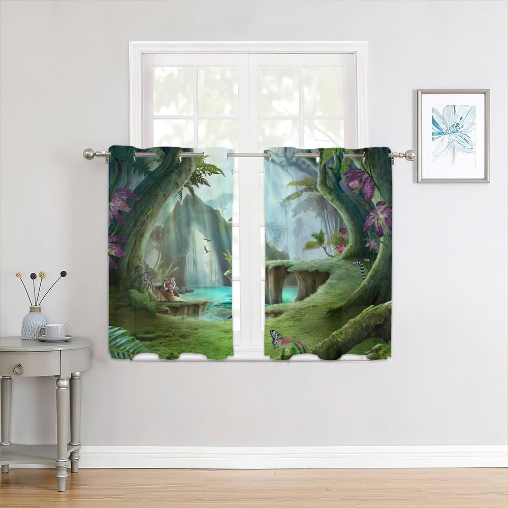 Dream Forest Rideaux Beaux Et Charmants Conte De Fées - Forêt Luxuriante - Souches De Champignons - Fleurs - Convient Pour La Cuisine - 2 Panneaux - Vert - 106 X 137 Cm