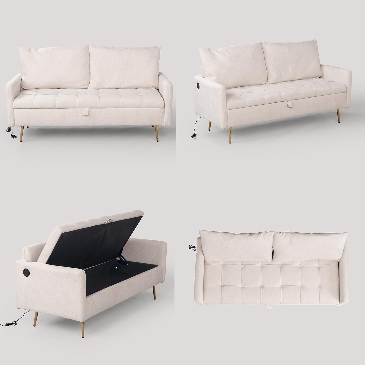 MEUBLE COSY Divano Imbottito 2 Posti in Tessuto con Porte USB e Vano Contenitore, Gambe in Metallo, Design Moderno per Soggiorno Camera da Letto e Appartamento, Beige