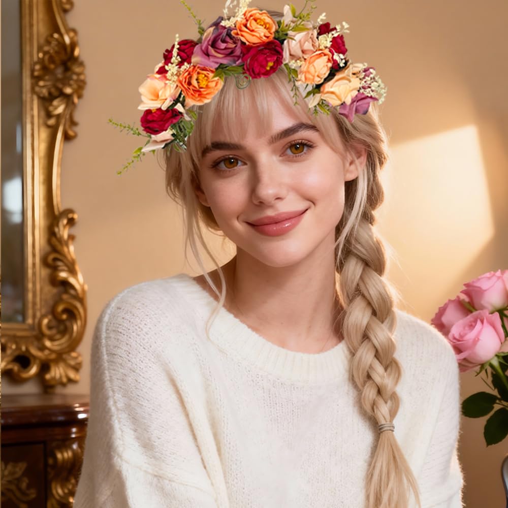 Ozdoba do włosów dla panny młodej z zestawem bransoletek, opaska na włosy, na wesele, w stylu boho, wianek kwiatowy, róża, wianek kwiatowy, korona kwiatowa, opaska na czoło, dla kobiet, na