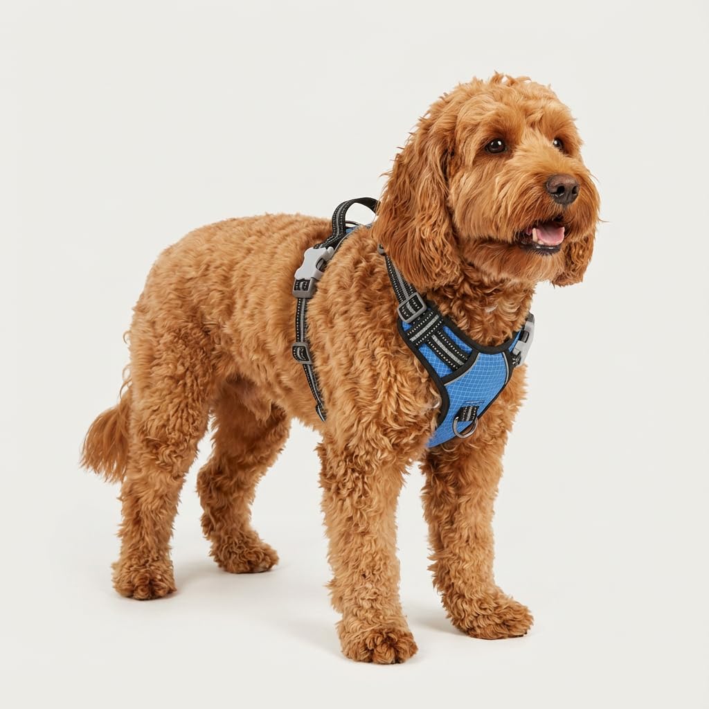 The Happy Doodle Company No Pull Dog Harness with 2 Leash Clips, Adjustable Soft Padded Pet Vest Harness, Reflective No-Choke with Easy Control Handle for Training or Walking (Blue, S)