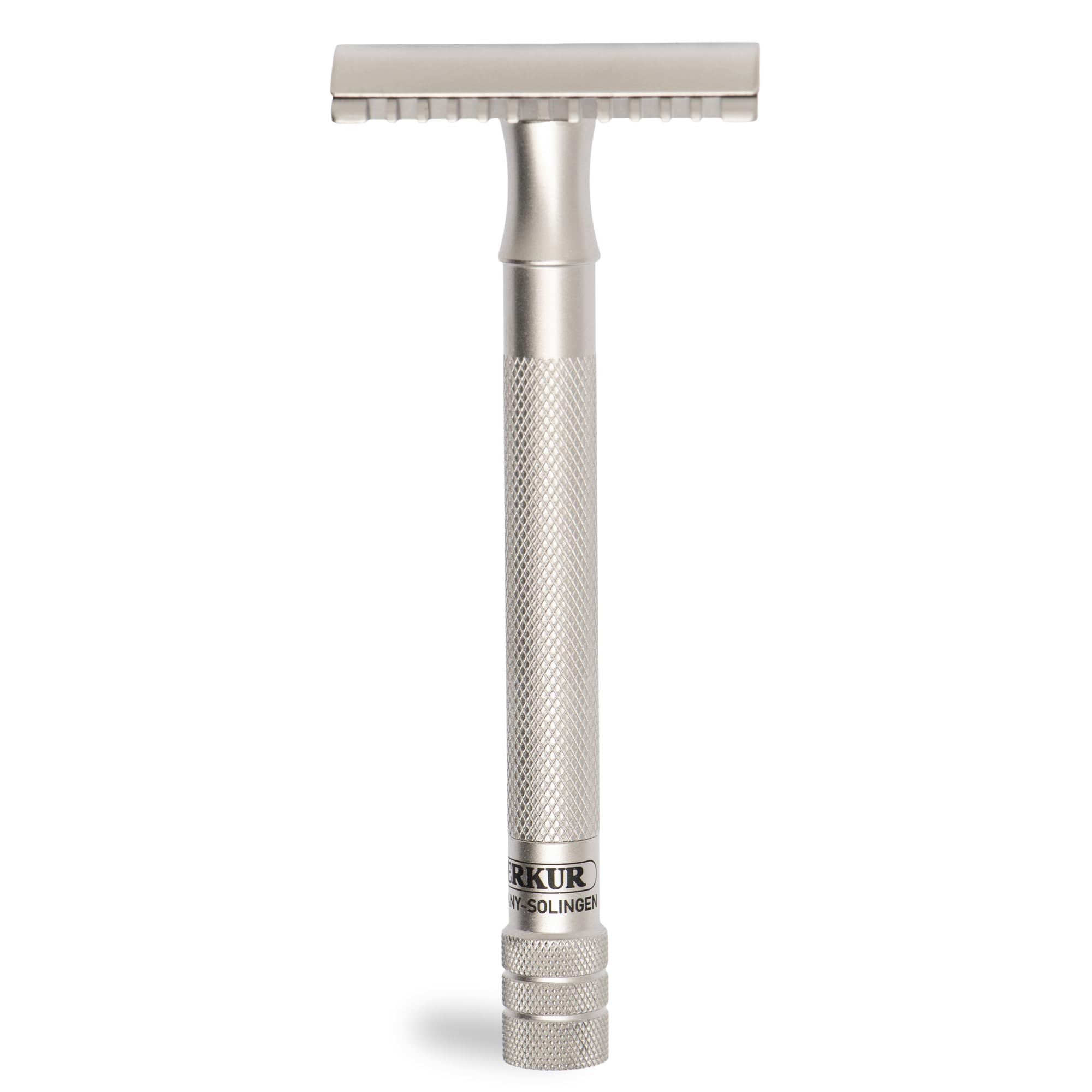 MERKUR Edelstahl Rasierhobel 25 INOX | Seidenmatt | Dreiteiliger Premium Rasierer mit geradem Schnitt | Offener Zahnkamm | Ideal für Nassrasur | Made in Germany