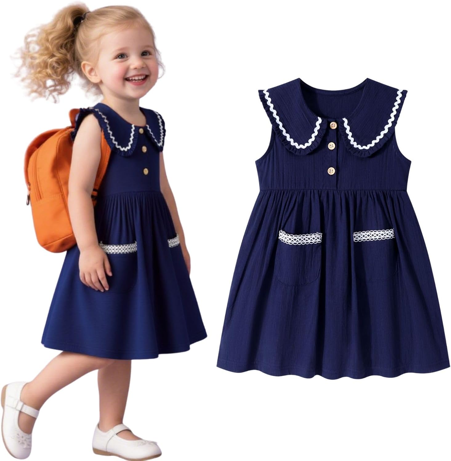 HILEELANG Little Girls Peter Pan Collar Dress Easter Spring Summer Cotton Sleeveless Sundress