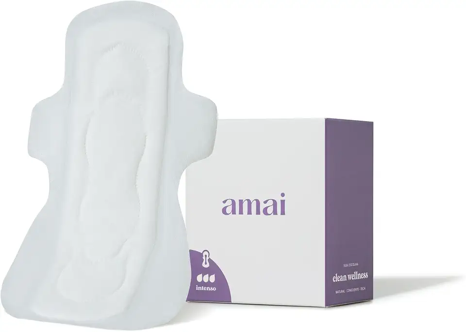 Absorvente Noturno Amai, Fluxo Intenso, Algodão Sem Químicos, Ultra Confortável, Hipoalergênico, Com Abas, Zero Plástico Comum - 8 unidades