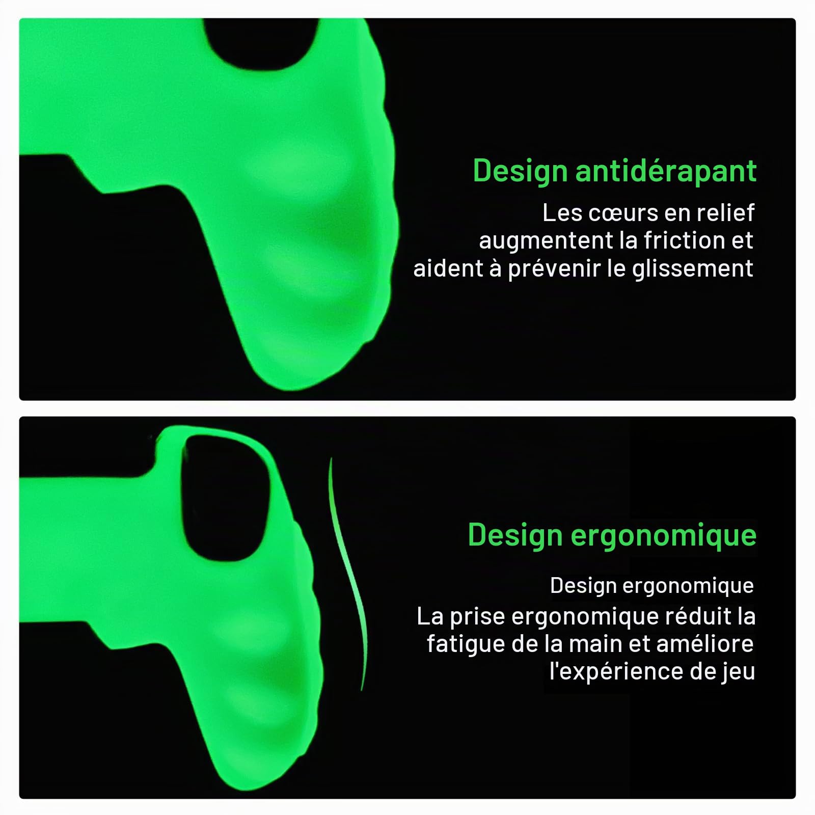 Peau de contrôleur PS5 Verte Qui Brille dans Le Noir, Housse de Protection en Silicone cloutée et épaisse, poignées compatibles avec la Manette PS5 avec 10 Capuchons de poignées