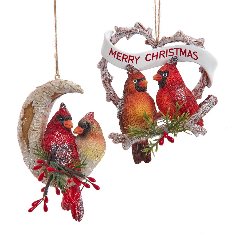 Kurt Adler Birch Berries Cardinal Pair Christmas Ornaments 2 Assorted