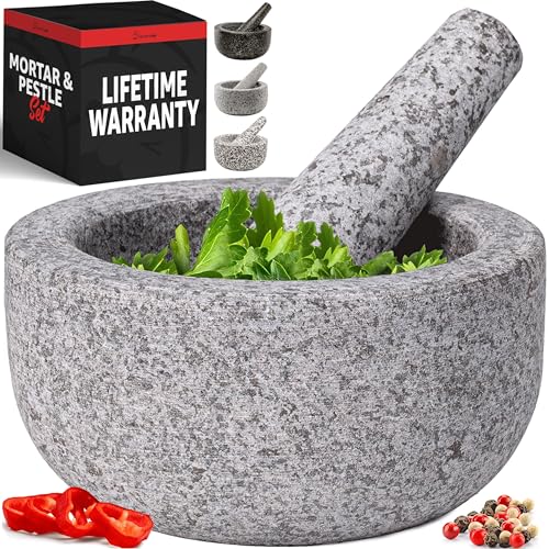 Heavy Duty Large Mortar and Pestle Set Hand Carved from Natural Granite Make Fresh Guacamole Salsa Pesto Stone Grinder Bowl Herb Crusher Spice Grinder 6.3 Wide 2 Cup Grey