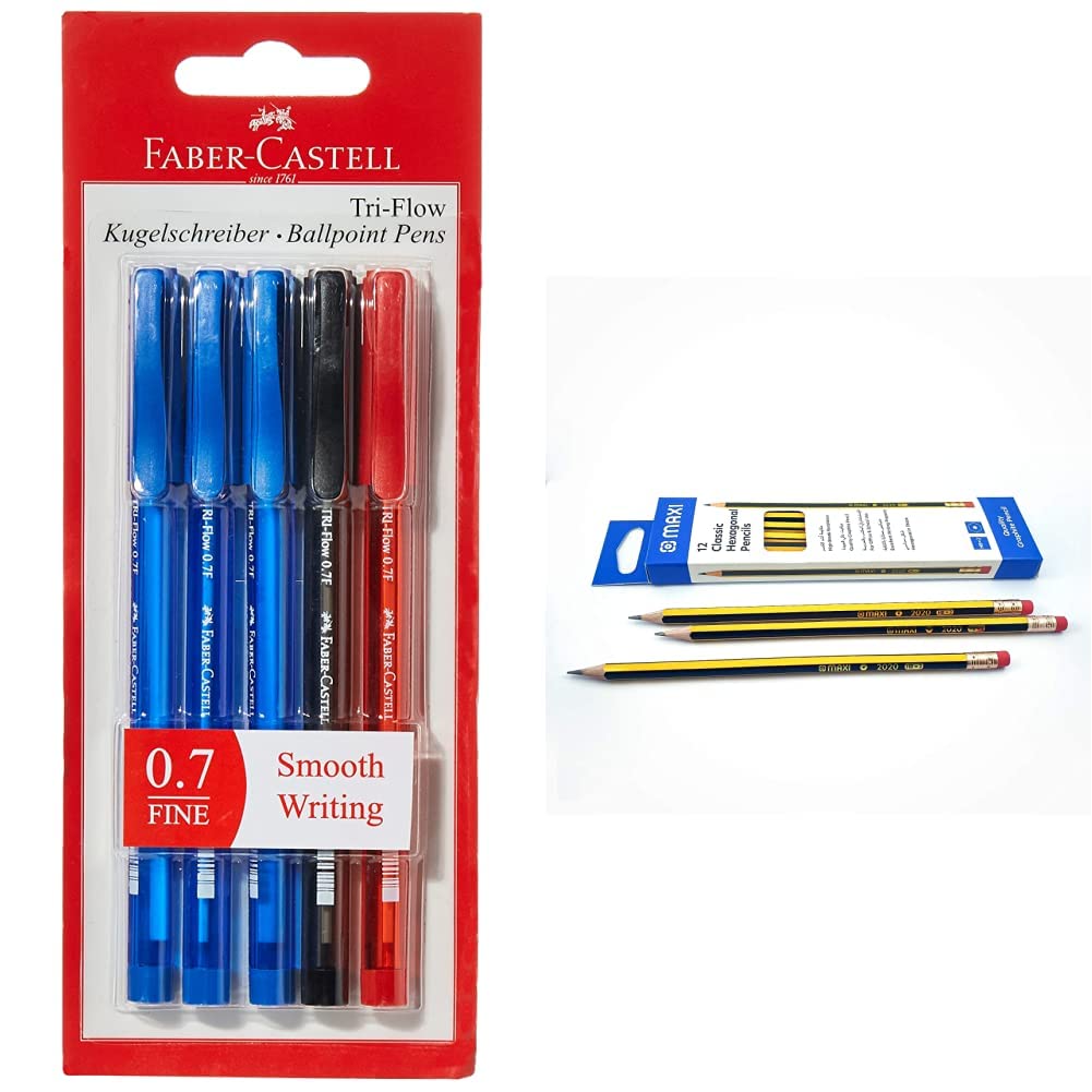 Faber-CastellTri-Flow Ball Pen Blister Of 5Pc Assorted (3 Blue  Black Red) Classic Hexagonal Graphite Pencil Hb With Rubber Tip, Box 12