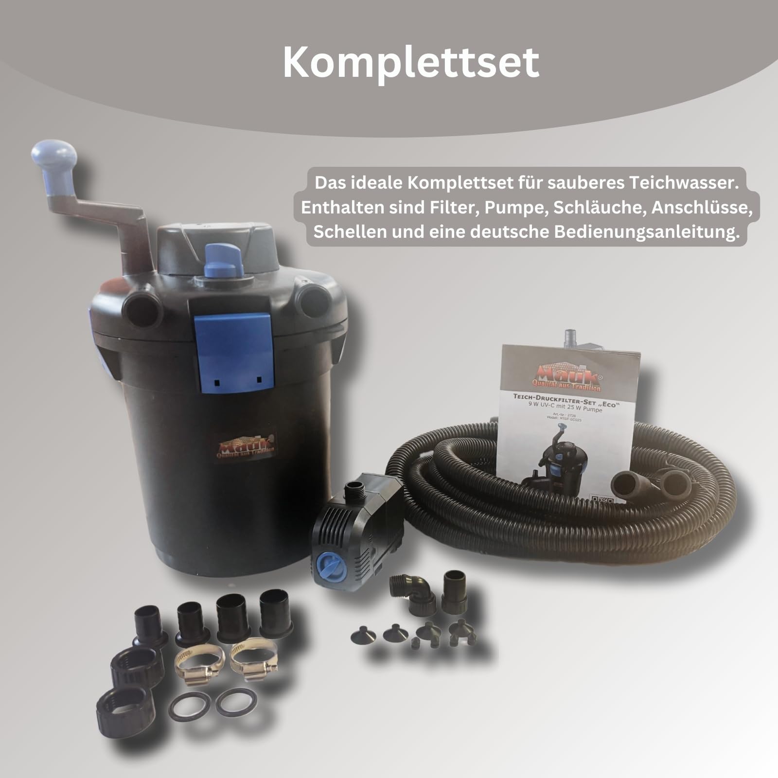 MAUK® Teichdruckfilter Komplettset | ECO 9W UVC Klärer mit Spin Clean Reinigung | inkl. Pumpe & Bachlauf Funktion | 4000 Liter - 8 Liter Kesselvolumen