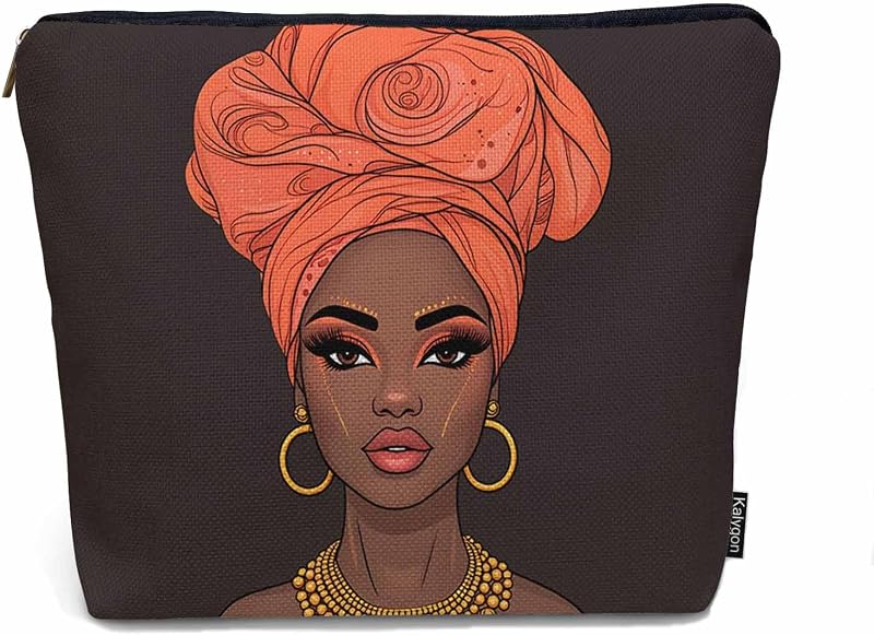Necessaire Kalygon em tecido de linho com estampa de mulher afro-americana, zíper