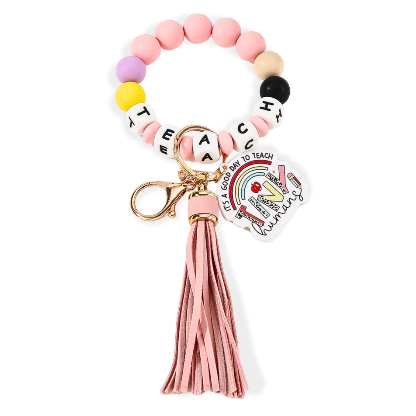 OTETTS Teacher Appreciation Gifts Silicone Bracelet Keychain Handmade Keyring Wristlet with Leather Tassel Wallet Women