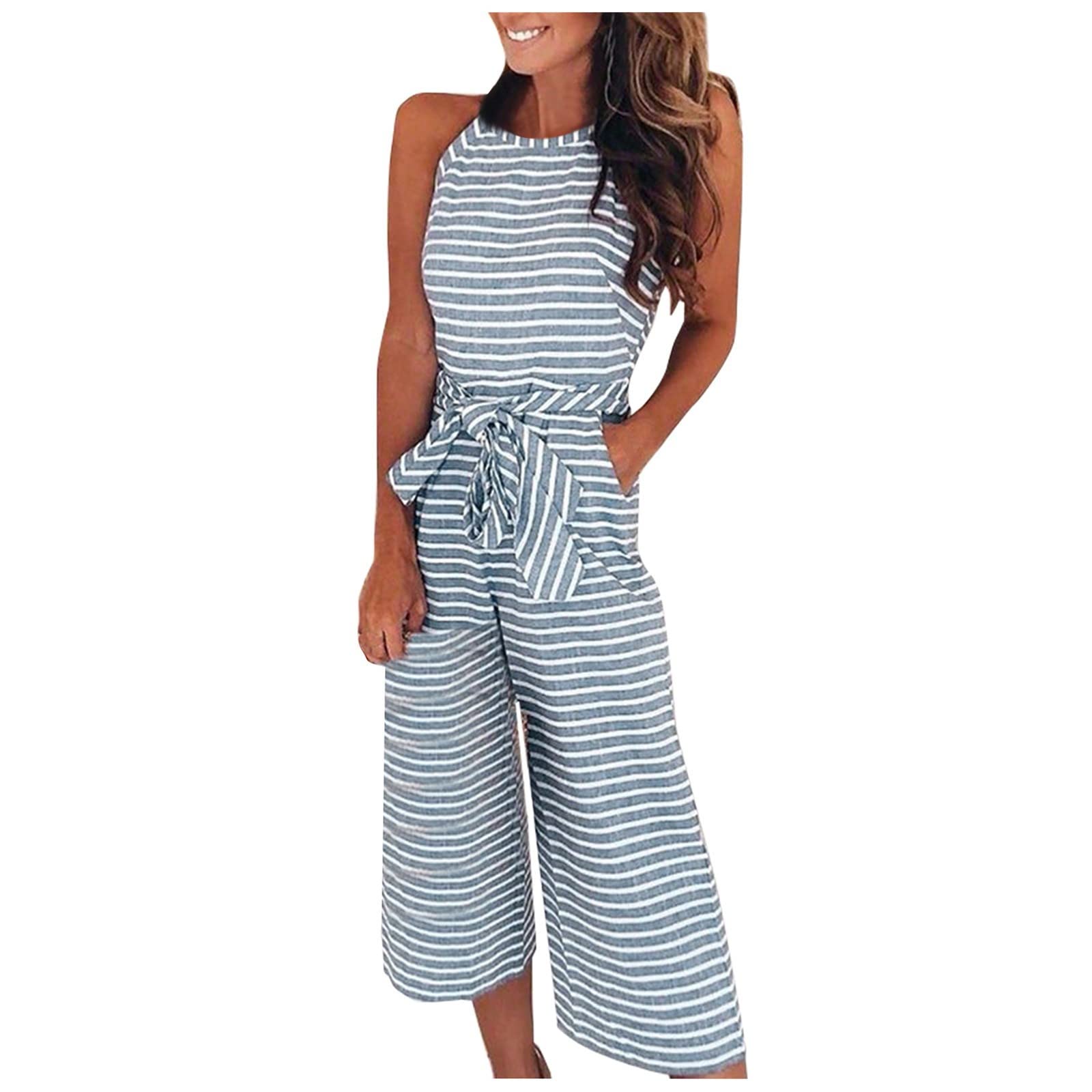 FUPODD Jumpsuit Damen Sommer Elegant Gestreift Overall 7/8 Lang Mit Gürtel Playsuit Neckholder Einteiler Weites Bein Jumpsuits Für Damen Mit Tasche Onesie Ärmellos Romper Frauen Streifen Hosenanzug