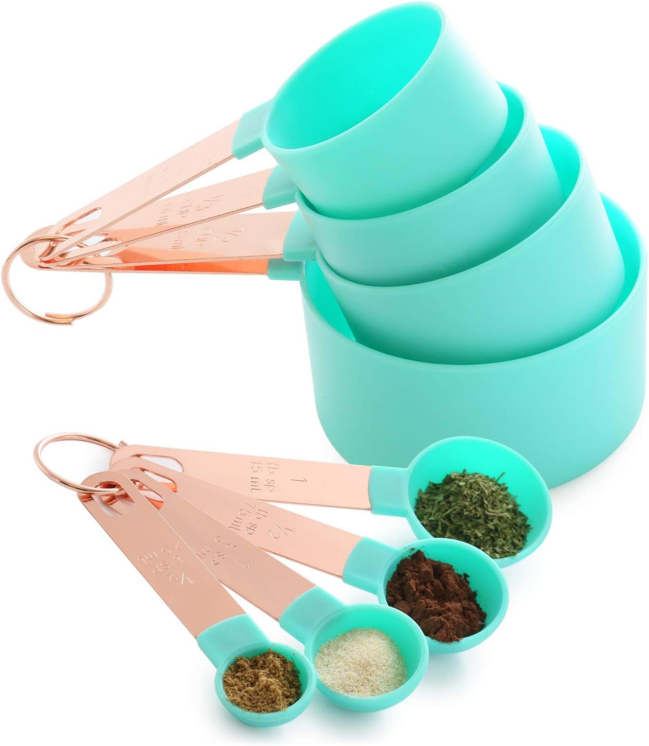 Set of 8 - Measuring Cups and Spoons Set, Copper Handle Measuring Cup, Vintage Kitchen Gift, Turquoise Blue Green