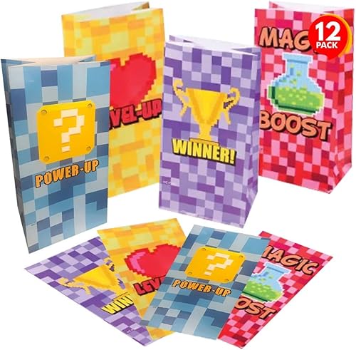 ArtCreativity Power Up - Bolsas de regalo para fiestas, paquete de 12, bolsas de papel de regalo con temática de videojuegos y píxeles, bolsas de