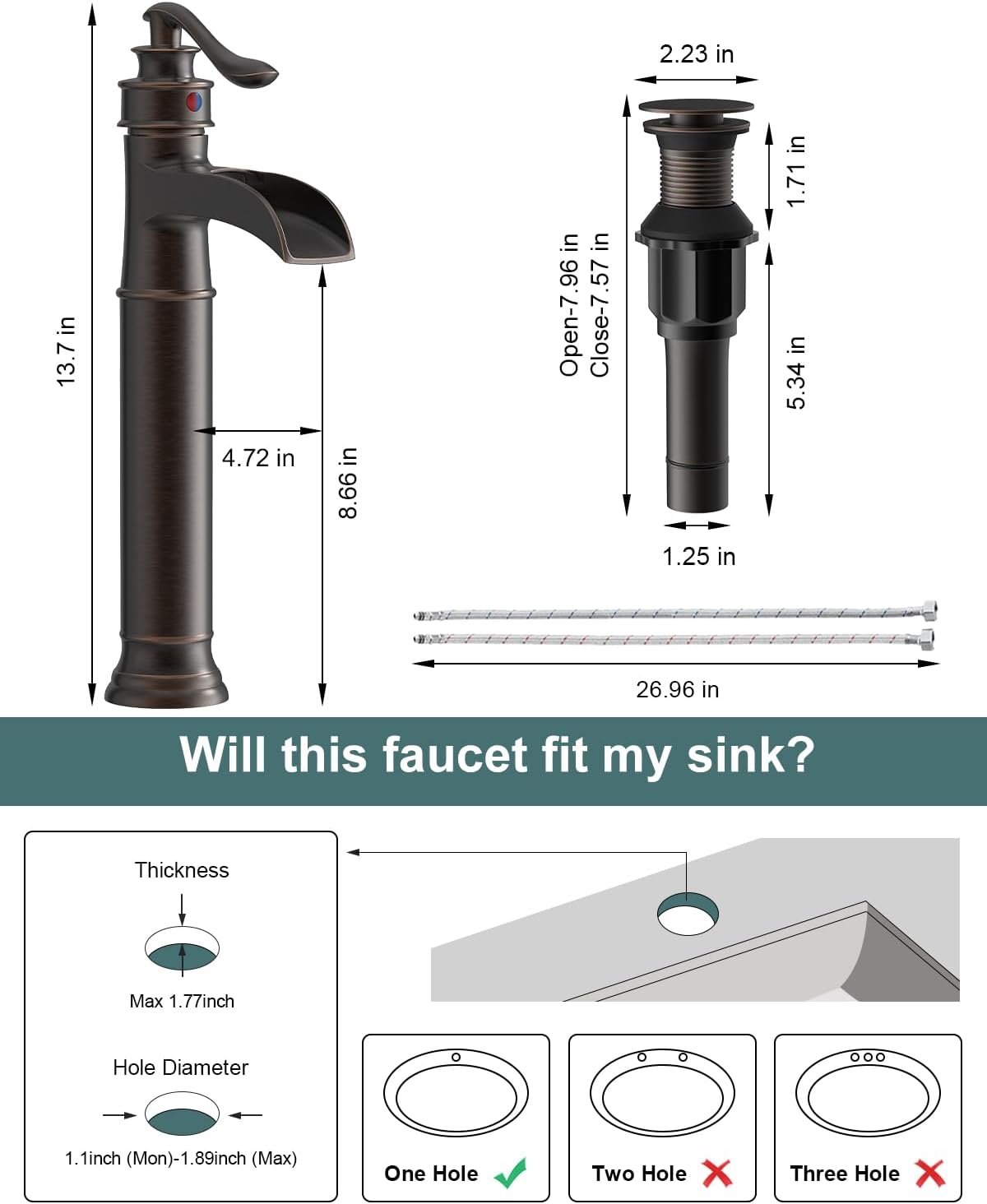 BWE Waterfall Spout Oil Rubbed Bronze Bathroom Faucet Single Handle One Hole Vessel Sink Faucet ORB Lavatory Faucets Deck Mount Tall Body Commercial - Image 9