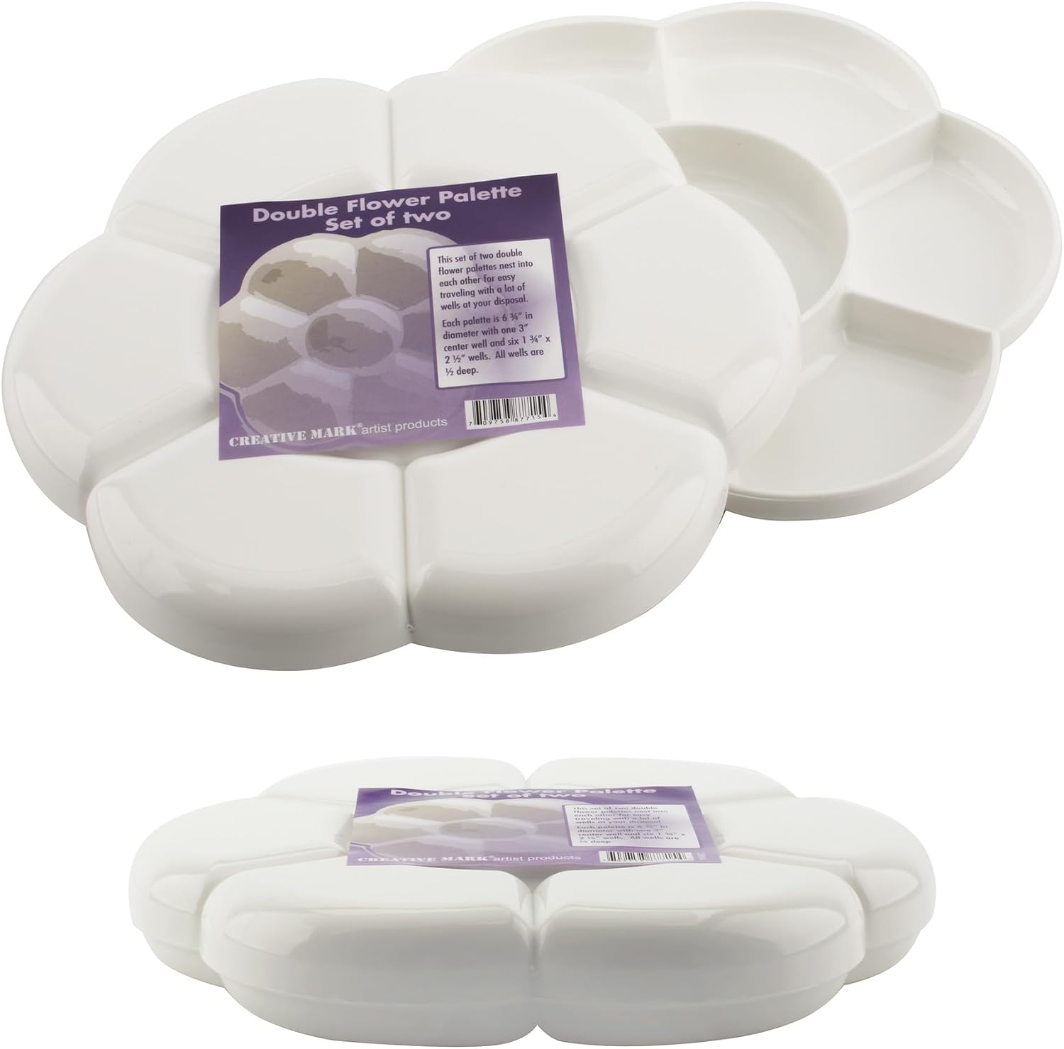 Creative Mark Double Flower Portable Stacking Watercolor Paint Palette -6-3/4" Diameter - Set of 2, 7 Color Wells Per Plastic Paint Palette Tray - Durable Color Mixing Tray Ideal for Plein Air Artists