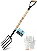 HORIJUNKE 45-Inch 4-Tine Garden Fork Pitchfork - Forged Steel Head, Y-Grip Wood Handle for Easy Digging, Soil Loosening & Weeding