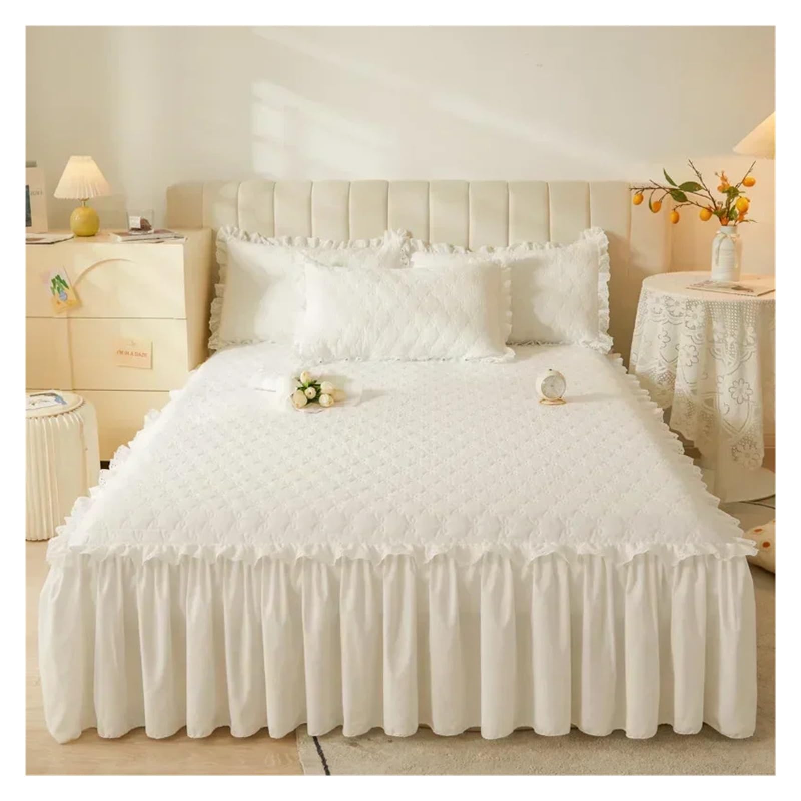 Queen Size Bed Skirt Purple Mattress Protector Thicken Bedspread 180x200 Home Quilted Bed Cover(White,180x220cm 1pc)