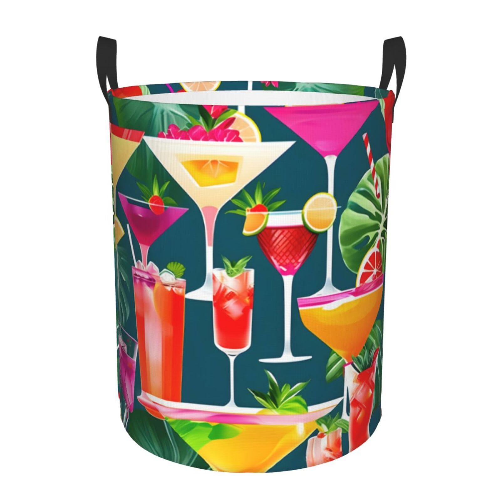 M Collapsible Round Tropical Cocktail Print Laundry Hamper