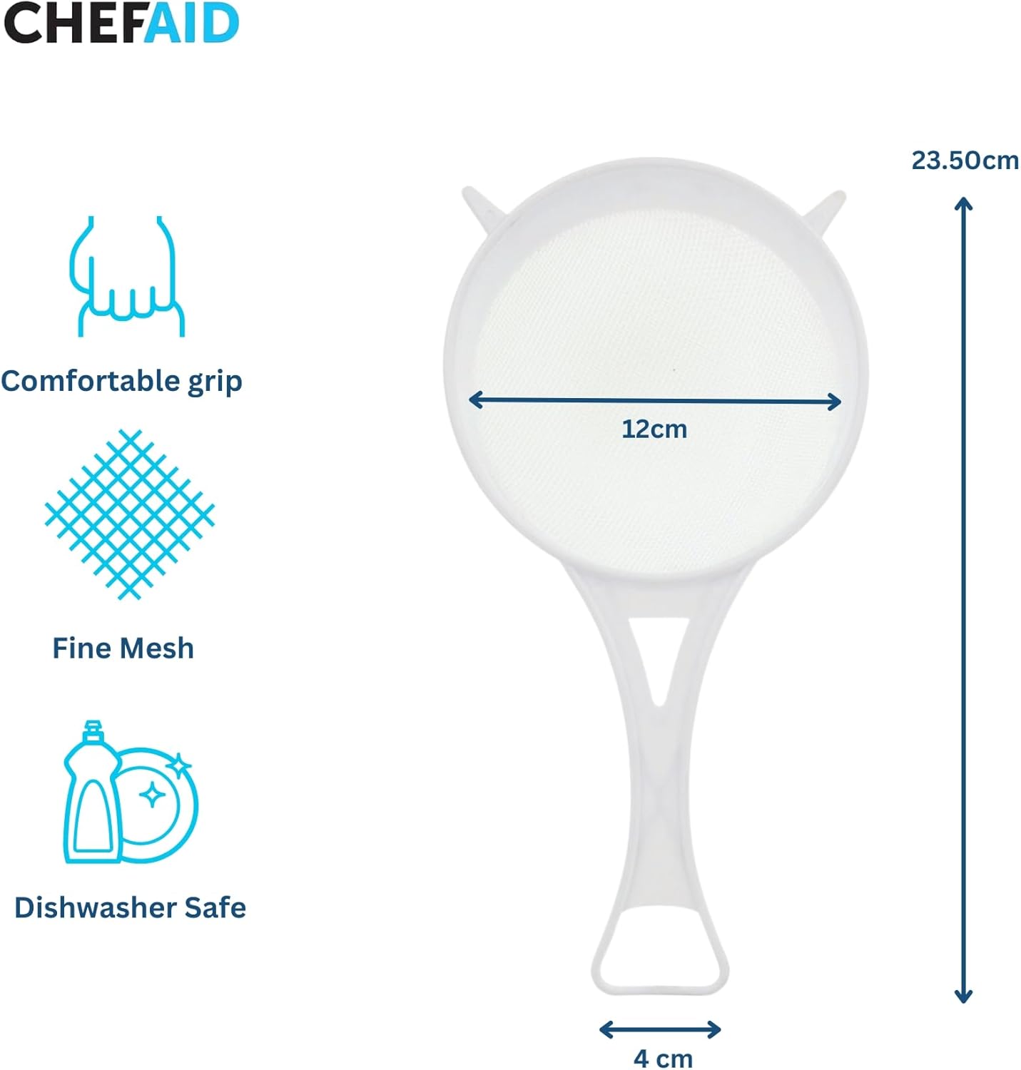 Chef Aid 12cm Wide Nylon Mesh Plastic Strainer in White - Ideal for Draining, Straining, and Washing Beans, Fruits, Vegetables, Salads, and More - BPA Free, Dishwasher Safe