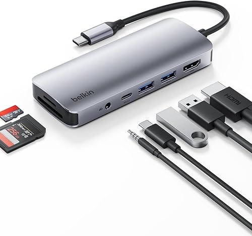 Belkin Hub USB-C, Adaptador Multipuerto 7-en-1 - Estación de acoplamiento USB con HDMI 4K, Puerto PD USB-C 3.0, 2 x Puertos USB-A 3.1, Ranuras para