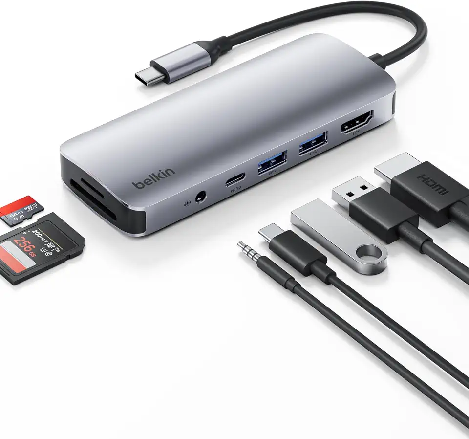 Belkin USB-C Hub, 7-in-1 Multiport Adapter - USB Docking Station with 4K HDMI, USB-C PD 3.0 Port, 2 x USB-A 3.1 Ports, SD Card & MicroSD Card Slots, & 3.5mm Audio Jack for MacBook, Air, iPad Pro, XPS
