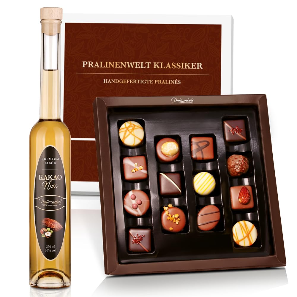 Pralinenbote Genussmanufaktur – Geschenk-Set Kakao & Nuss Likör & Pralinenwelt Klassiker mit 14 handgefertigten Pralinen deutscher Chocolatiers, das edle Genuss Geschenk