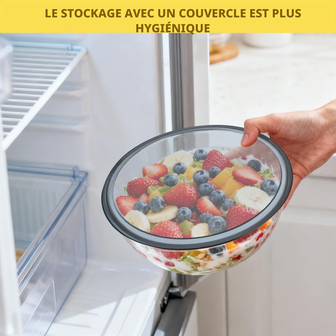 Lot de 3 Bols Mélangeurs en Verre Borosilicate 1050 ml+2700 ml+4400 ml avec Couvercle Hermétique Sans BPA Compatibles Micro-ondes Lave-Vaisselle Empilables pour Gagner de la Place