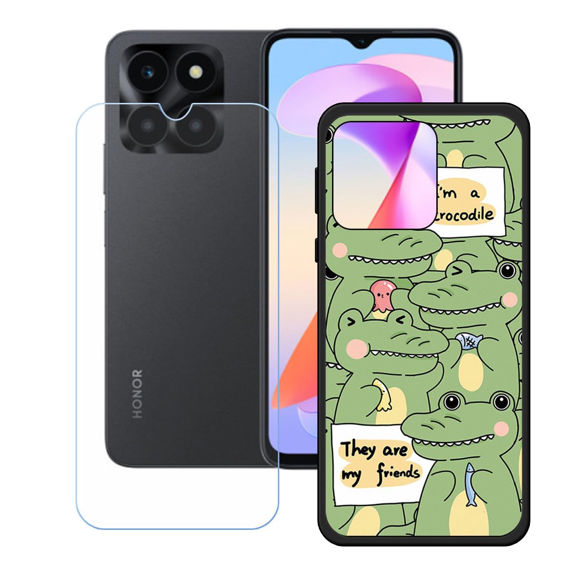 Cover + Pellicola In Vetro Temperato Per Honor X6a 4G | Custodia Morbida In TPU Trasparente E Proteggi Schermo HD | Kit Di Protezione Completo (Nero) - 2