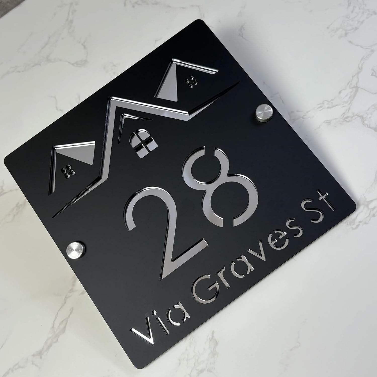 Custom Acrylic Modern House Numbers Sign Modern Outdoor Address Plaque Custom Laser Cut Acrylic Nameplate (Black Silver,40x40cm)